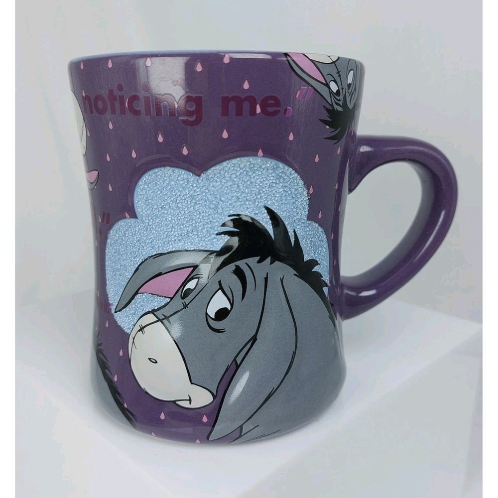 Disney Theme Parks Eeyore Donkey 16 oz 3D Coffee Cup Mug Rain Clouds Purple Pooh